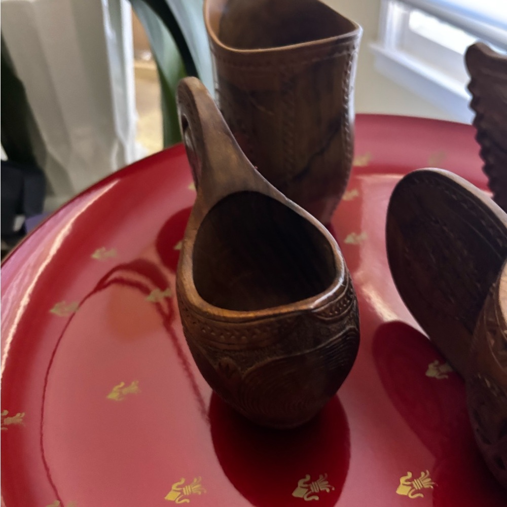 Handcrafted Wooden Cups on Red Tray